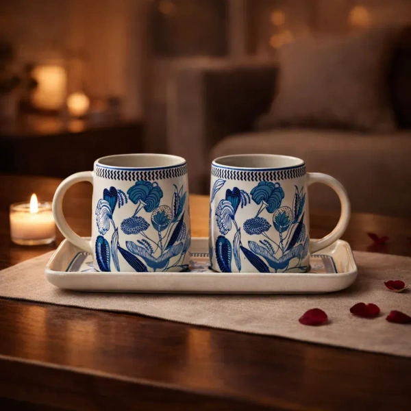 'Floral Bliss' Ceramic Coffee Mugs Set of 2 (300 ml, Microwave and Dishwasher Safe, Handcrafted) | Ceramic Ceramic Coffee Mug Coffee Cup Set of 2 Tea Mugs Set Tea Cups Ceramic Mugs