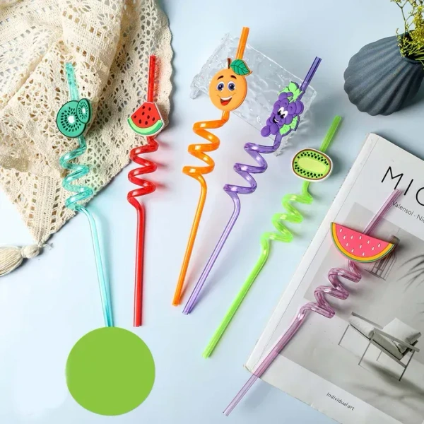 (Pack of 4) Curly Spiral Reusable Straws with Silicone Buckles, Smoothie Drinking Straws for Milkshakes Juice Drinks Plastic Straws for Kids, Birthday Party Decorations for Boys and Girls