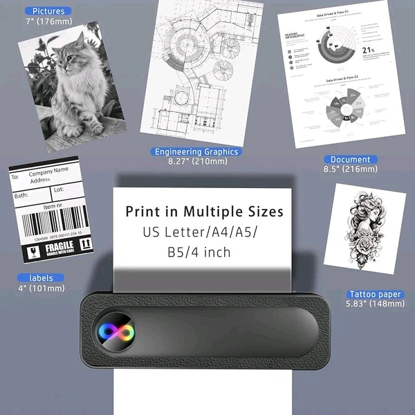 Portable Thermal Wireless Printers for Travel, Inkless Bluetooth Printer Support for 8.5"x11" US Letter & A4 Thermal Paper Compatible with iOS, Android & Laptop for Tattoo,Office
