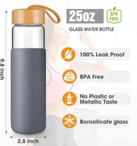 550 ML Borosilicate Glass Water Bottle with Bamboo Lid and Silicone Sleeve - BPA-Free  - Navy Blue