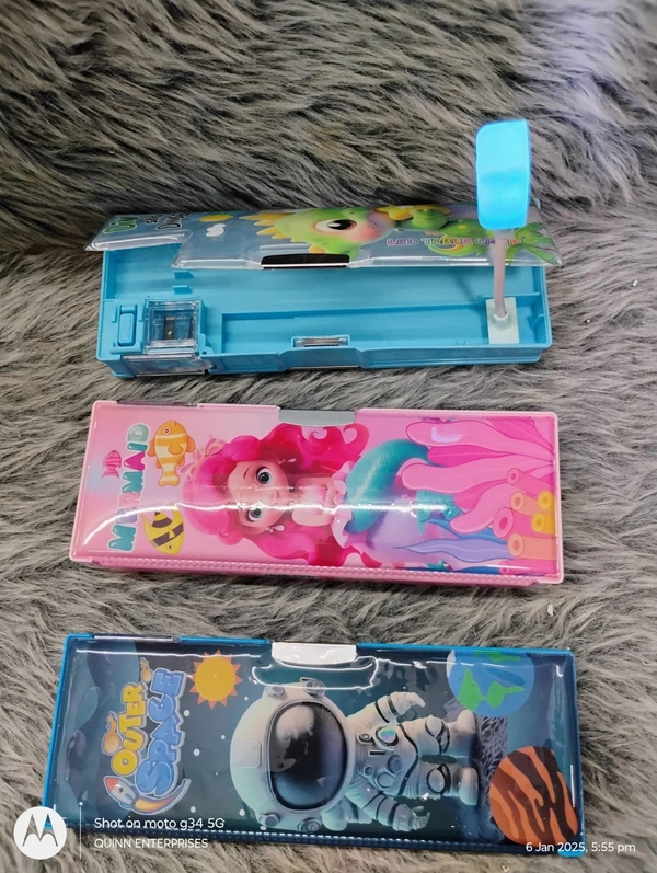 Plastic Multipurpose Magnetic Pencil Box With Led Lamp Light & 2 Side Compartment For Girls & Boys For School Birthday Gift Big Size Cartoon Printed Stylish Pen Case For Kids 