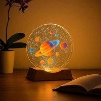 3D Acrylic Planets Crystal Ball Night Lamp with Wooden Base | USB LED Table Light for Bedroom, Kids Room & Home Decor | Bedside Lamp & Gift for Boys & Girls