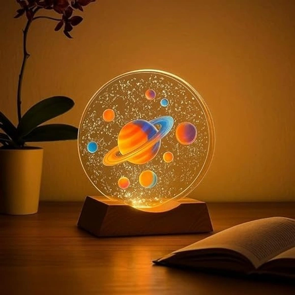 3D Acrylic Planets Crystal Ball Night Lamp with Wooden Base | USB LED Table Light for Bedroom, Kids Room & Home Decor | Bedside Lamp & Gift for Boys & Girls