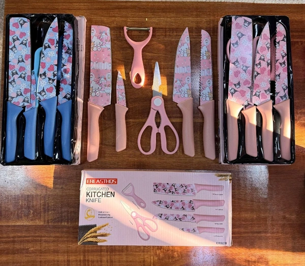 Kitchen Knife Set with Scissors and Peeler, Printed Blade Knives with Plastic Handles, 6 Piece Set