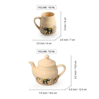 ExclusiveLane 'Elephant Motif' Ceramic Tea Pot with Cup Set (6 Cups & 1 Kettle, Dishwasher & Microwave Safe) | Handcrafted Tea Cup and Kettle Set of 6 for Hot Tea & Coffee Mug Set