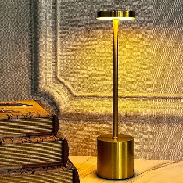 Modern Wireless LED Table Lamp Rechargeable Touch Control Lamp with Gold Metal Finish, Dimmable Warm Light for Home, Office, and Bedside