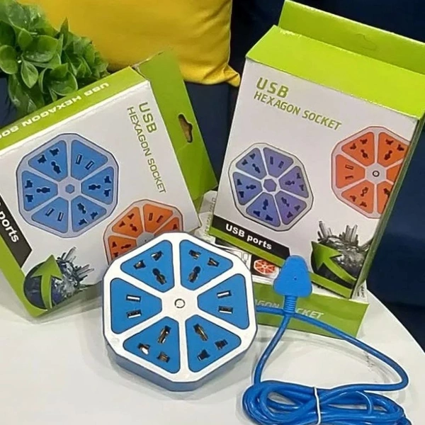 USB Hexagon Socket with 4 USB Slot and 4 Power Extension Cord Board with Charging Port & 4 US/Indian Socket, Fireproof Spike