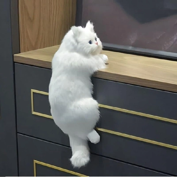 Cute Hanging Cat Decor for Desk & Table | Realistic Fluffy Cat Figurine | Cat Lover Gift | Home, Study & Computer Table Decor | Soft Toys for Baby Boys and Girls (White)