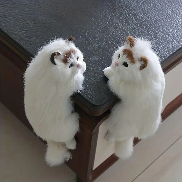 Cute Hanging Cat Decor for Desk & Table | Realistic Fluffy Cat Figurine | Cat Lover Gift | Home, Study & Computer Table Decor | Soft Toys for Baby Boys and Girls (White)