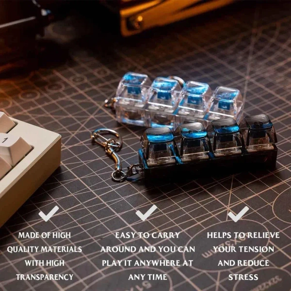 LED Keyboard Fidget Keychain, 4 in 1 Mechanical Click Switch Toy, Mini Keypad Keychain for Stress Relief,Focus, Portable Light Keychain Gadget for Office, Study,Travel (Pack of 1)
