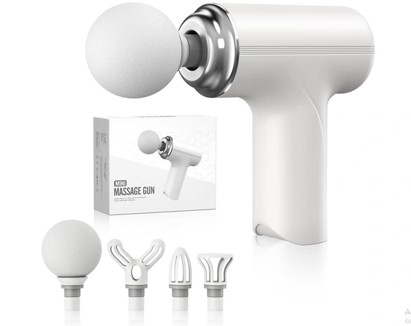 Mini Massage Gun, Portable Handheld Deep Tissue Massager with 4 Interchangeable Heads, White