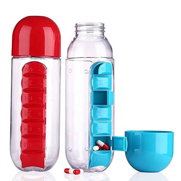 Pill & Water Storage Organizer Traveling Time Usable Water Bottle | Removable Medicine Holder Compartment | Water Bottle Medicine Organizer Box (Multi Color)
