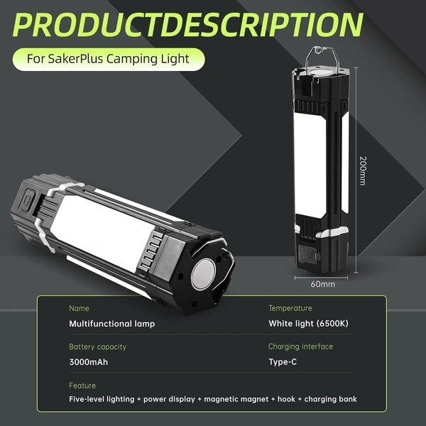 Camping Lantern 3000mAh USB Rechargeable Camping Lamp Foldable Hanging Camping Light with 5 Modes and Magnetic Top Portable Power Bank Camping Light for Camping Outdoor Emergency