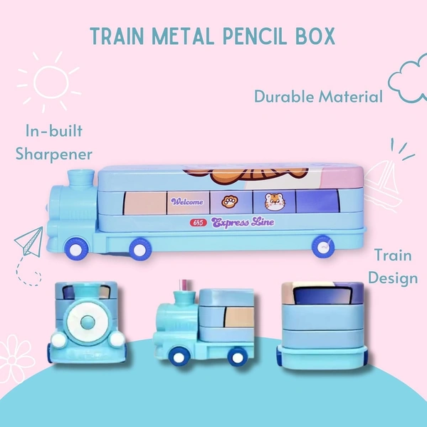 Bus Cartoon Printed Train Metal Pencil Box Geometry with Moving Tyres and Sharpener Compass Box Multiple Compartments Pencil Case for Kids School Stationery