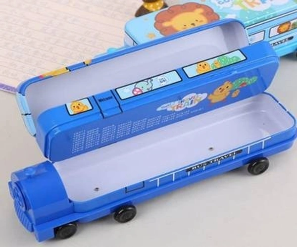 Bus Cartoon Printed Train Metal Pencil Box Geometry with Moving Tyres and Sharpener Compass Box Multiple Compartments Pencil Case for Kids School Stationery