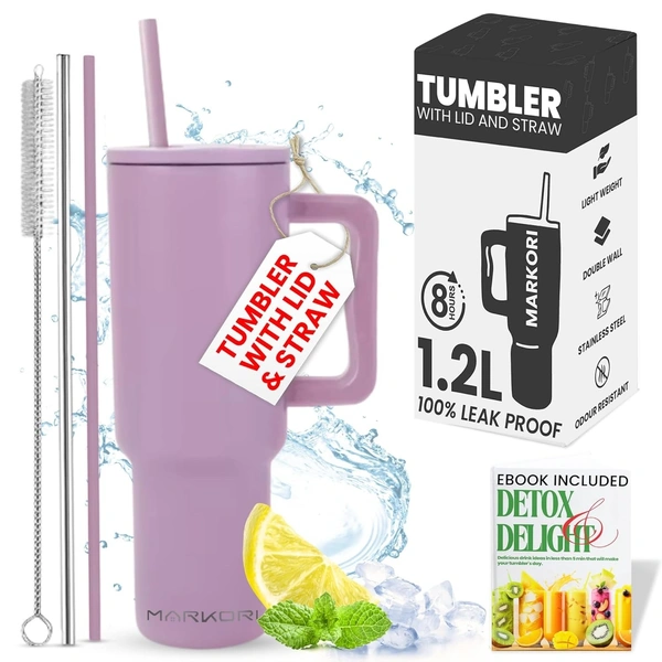 1.2L Stainless Steel Insulated Water Tumbler with Lid and Straw |12hr Hot & 8hr Cold| Fits Cup Holder| Leak Proof| Gym, Office,Home| Includes 2 Straw,1 Brush 