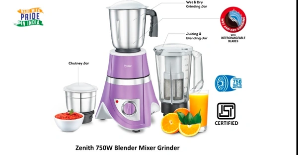 Ttk Prestige Zenith 750W Blender Mixer Grinder  - Ergonomic and stylish jar handles for convenient and comfortable grip4 multi purpose blades–  Dry SS