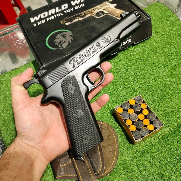 MATT BLACK WORLD WAR EDITION 9 MM TOY GUN ( 1 BOX CORK+1 COVER FREE+6 FAKE BULLETS) - Black