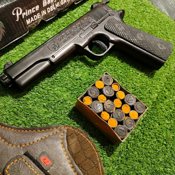 MATT BLACK WORLD WAR EDITION 9 MM TOY GUN ( 1 BOX CORK+1 COVER FREE+6 FAKE BULLETS) - Black