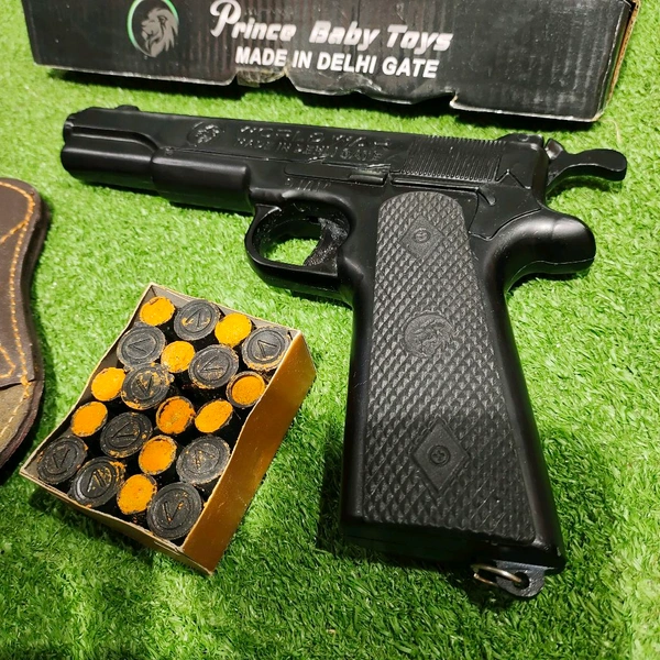 MATT BLACK WORLD WAR EDITION 9 MM TOY GUN ( 1 BOX CORK+1 COVER FREE+6 FAKE BULLETS) - Black