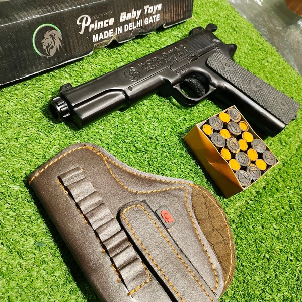 MATT BLACK WORLD WAR EDITION 9 MM TOY GUN ( 1 BOX CORK+1 COVER FREE+6 FAKE BULLETS) - Black