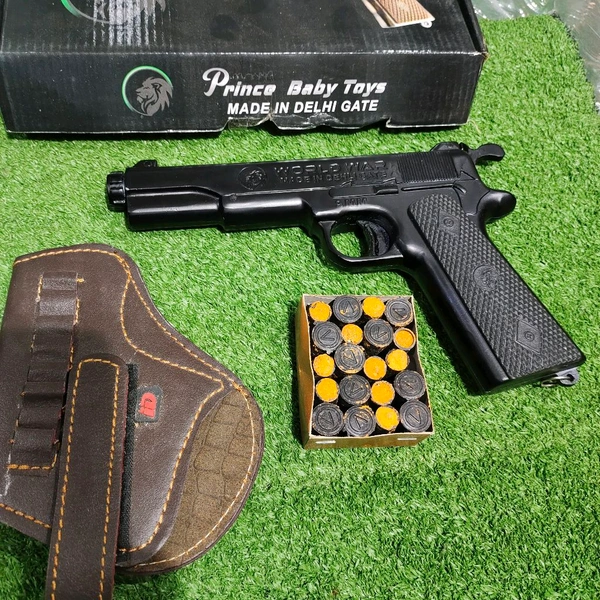 MATT BLACK WORLD WAR EDITION 9 MM TOY GUN ( 1 BOX CORK+1 COVER FREE+6 FAKE BULLETS) - Black