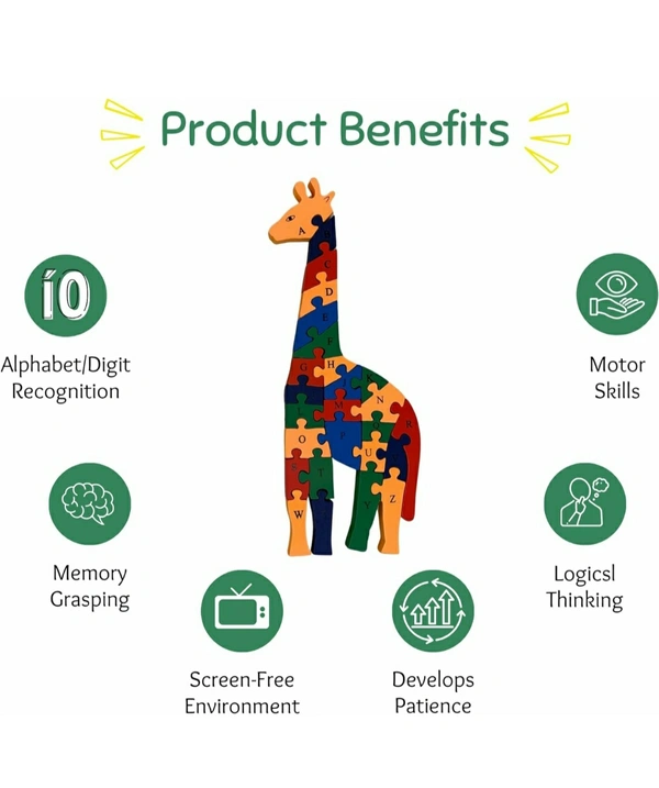 Crafts Wooden Giraffe Alphabet And Number Puzzle/Toy, Kid (Multicolour Blocks)