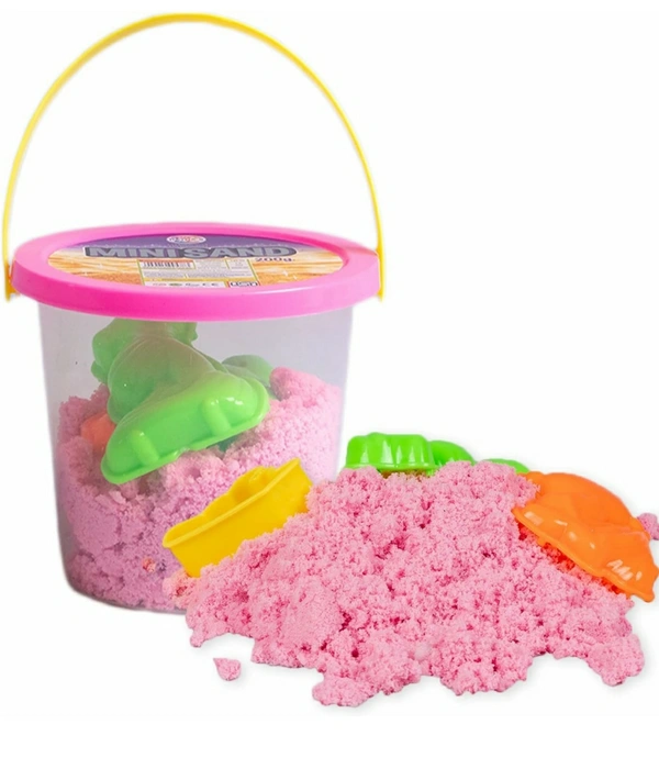 Game Phactory Mini Sand Bucket Beach Play Clay Sand Dough and Different Moulds Activity Toys Set for Kids (200g Bucket, Pink)