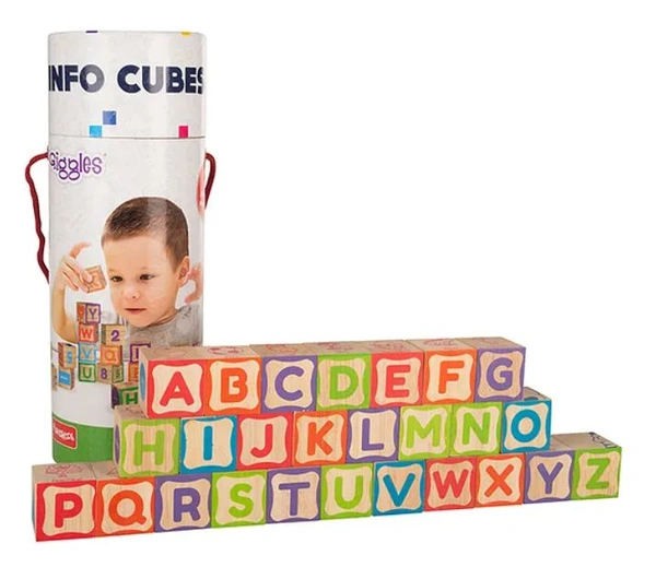 Giggles Funskool Wooden Info Cubes Set - 26-Piece Alphabet & Number Learning Blocks for Kids 18+ Months | Multicolor Delivery Time: 2-3Days