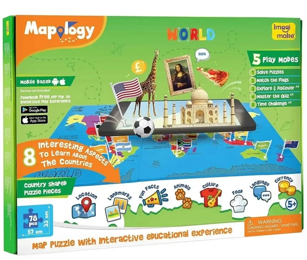 Imagimake Mapology World AR - Augmented Reality Wildlife Map & Interactive Educational Puzzle for Kids 5+ Years Delivery Time: 2-3Days