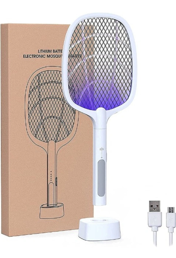 Shopperfly ShopperFly Mosquito Killer Racket Rechargeable Handheld Electric Fly Swatter Mosquito Killer Racket Bat with UV Light Lamp Racket USB Charging Base - White
