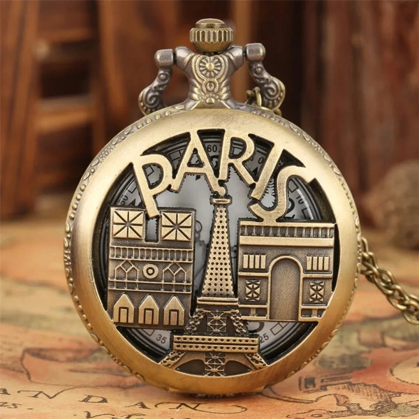 Vintage Bronze Paris Quartz Pocket Watch Necklace Pendant | Men & Women Gifts | Classic Pocket Clock