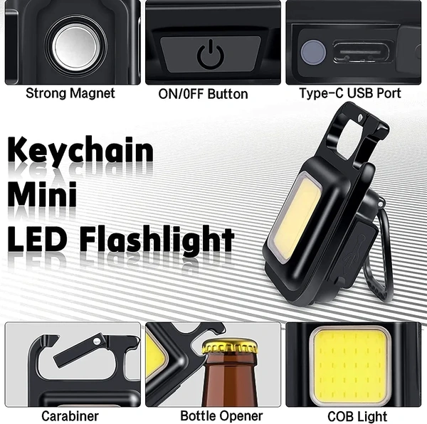 Keychain Led Light With Bottle Opener, Magnetic Base And Folding Bracket Mini Cob Rechargeable Emergency Light