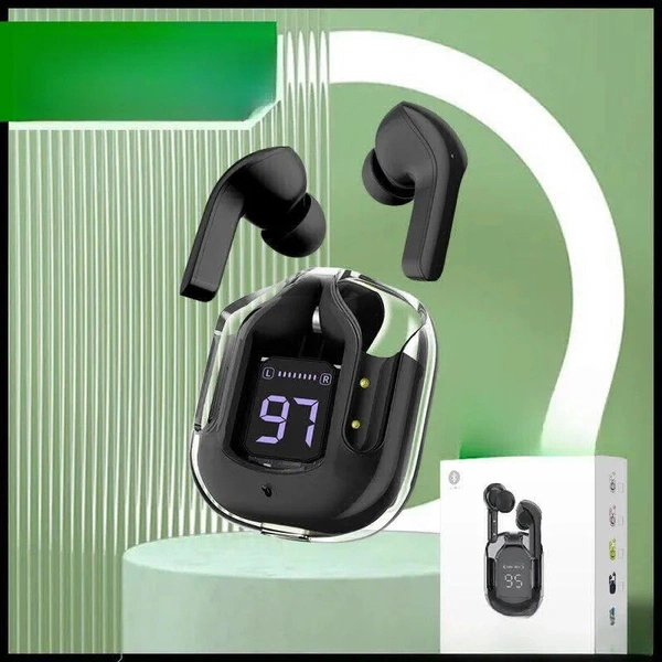 Ultrapods Transparent earphones portable TWS touch control copper ring ABS Fast charging Handsfree wireless LED Display Earbuds - Black