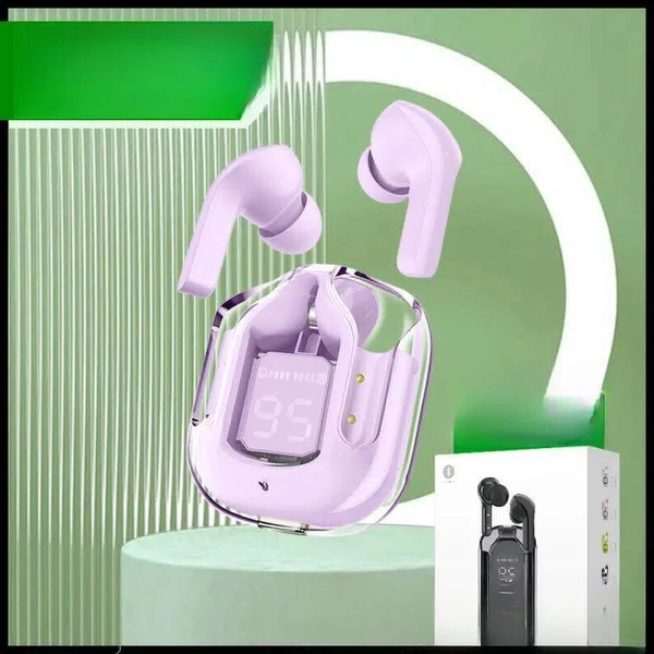 Transparent earphones portable TWS touch control copper ring ABS Fast charging Handsfree wireless LED Display Earbuds - Pink