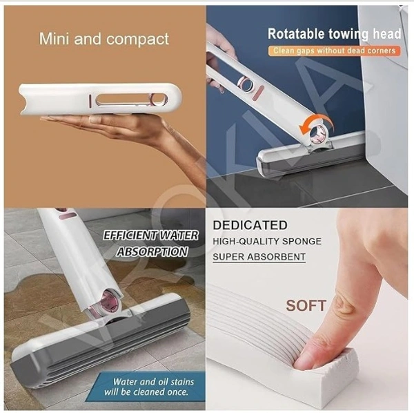 Mini Mop for Kitchen with 2 Sponges Portable Mini Mop Self Squeeze Strong Absorbent Magic Wiper for Kitchen Small Sponge Mop Self Squeezing Wet & Dry Use for Bathroom Wall Glass Car Table Home