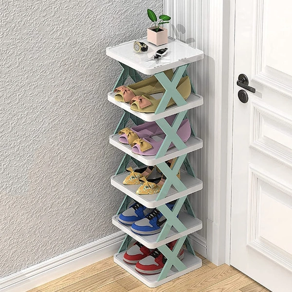 6 Layer Shoe Rack Stackable Shoe Storage Organizer Plastic Adjustable Folding Shoe Slots Organizer Storage Organizer Easy Clean Shoe Tower.