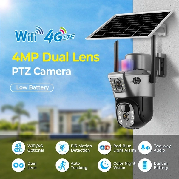 Full HD 4MP Wireless Solar PTZ Camera | Intelligent Solar & 4G LTE Network | Dual Cameras Outdoor Security V380