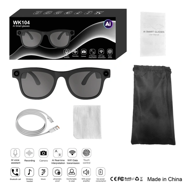 Wk104 Smart Glasses with Camera 4GB 8MP AI Translation BT Call Voice Assistant Fast Shooting Video Picture Music Sunglasses