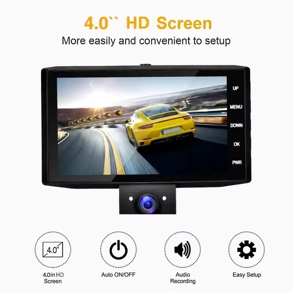 3 Channel Vehicle Driving Recorder | 4.0 Inch HD Screen, 1080p Dash Cam with Motion Detection