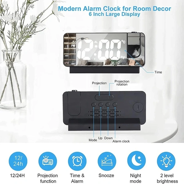 LED Digital Projection Alarm Clock – 180° Time Projection, Snooze Function & Dual Alarm