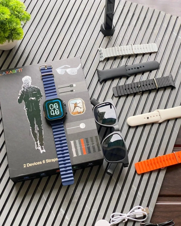 Smart Watch + Bluetooth Sunglass Combo | Smart Polarized Sunglass + 6-in-1 Watch Strap Set | Unisex Stylish Gift Combo