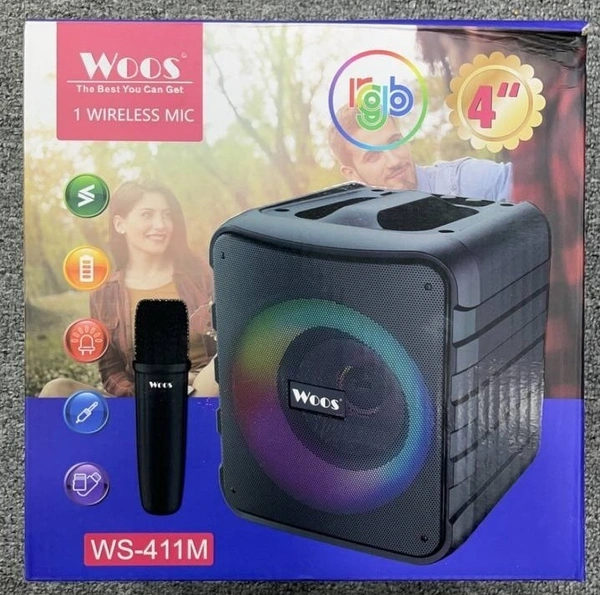 Woos WS-411M Portable RGB Speaker with Wireless Mic, 4-Inch Woofer, 1500mAh Battery