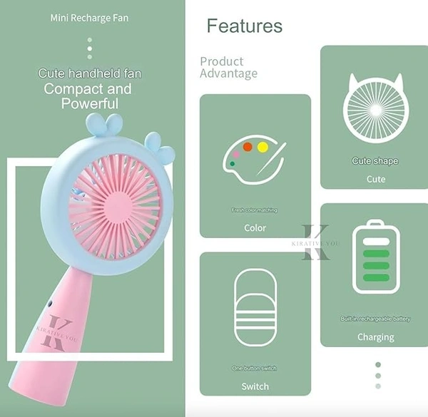 KIRATIVEYOU Mini Portable Fan, Built-in USB Rechargeable Battery Operated, Personal Hand Fan with LED Night Light, Cute Design, Handheld Fan for Travel, Makeup, Girl, Women, Kids, Baby