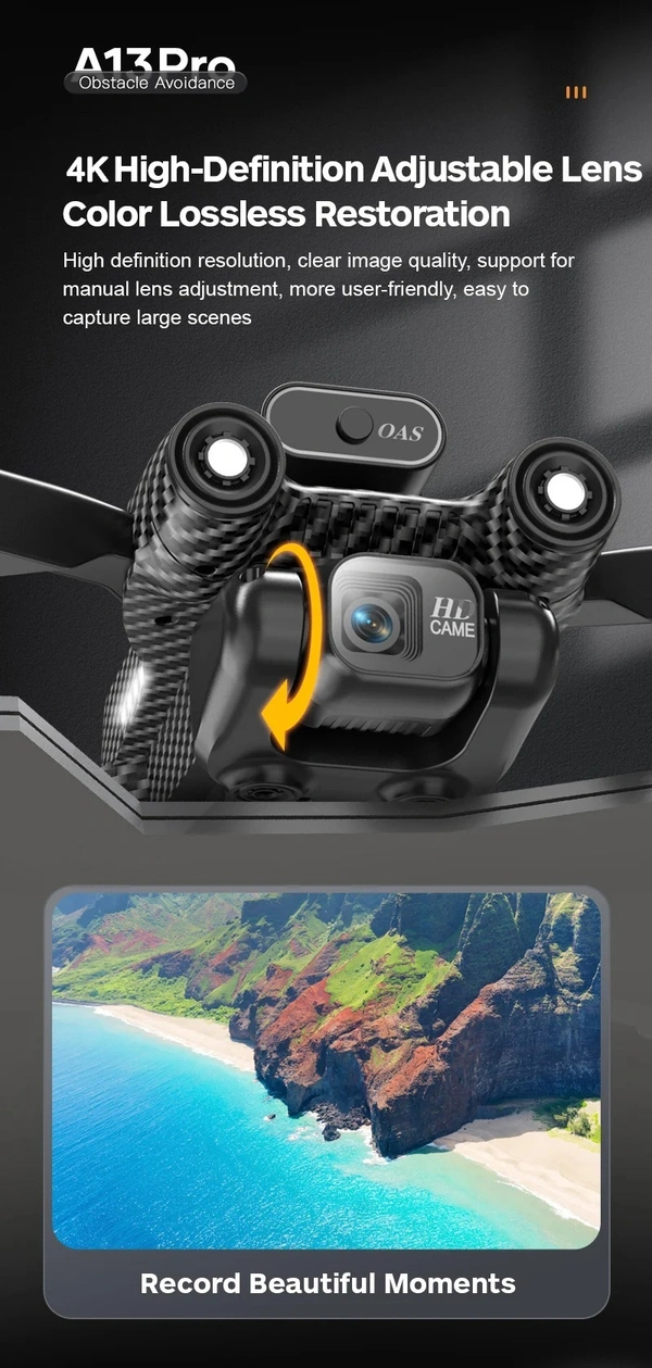 A13 Drone 4K 1080P HD Camera WiFi Fpv Air Pressure Altitude Hold Foldable Quadcopter RC Dron Kid Toy Boys Gifts 2 Battery  2 Camera