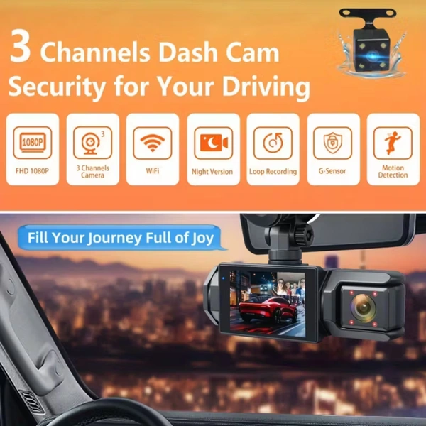 AVYUKTA S-2 ULTRA 3-Lens Dash Cam | Full HD | Front, Rear & Cabin | Night Vision | Wi-Fi App Control with mic