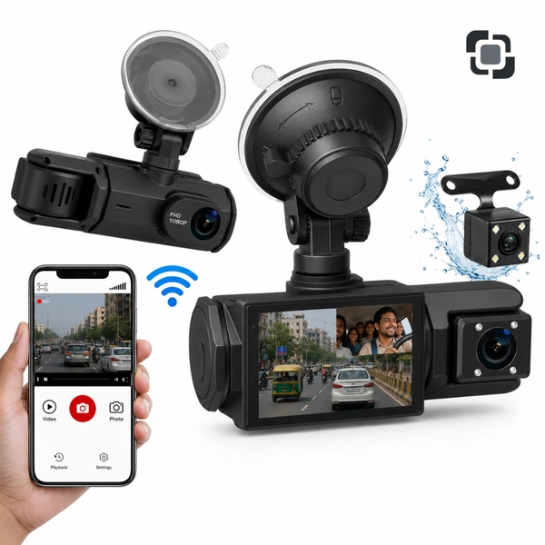 S-2 ULTRA 3-Lens Dash Cam 1080P Full HD Car Camera | Front Rear Inside Recording Night Vision App Control Built-in Mic 6 Months Warranty