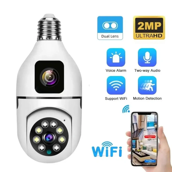 Dual-Lens V380 Wi-Fi CCTV Bulb Camera – 360° Smart Security with Two-Way Audio, Motion Detection & App Control
