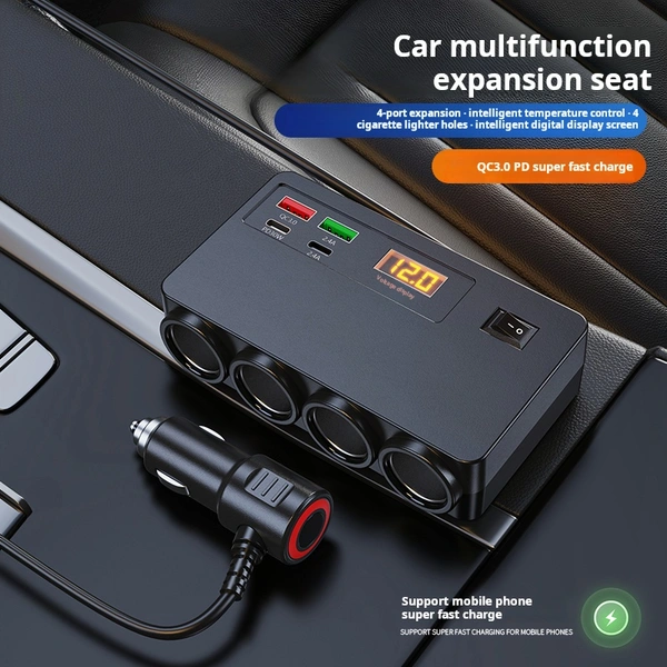 120W Car Charger | Dual USB + Dual Type-C | Fast Car Phone Charger with PD & QC 3.0, Smart Voltage Display, 6-Month Warranty