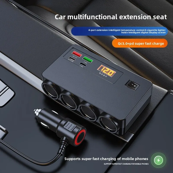120W Car Charger | Dual USB + Dual Type-C | Fast Car Phone Charger with PD & QC 3.0, Smart Voltage Display, 6-Month Warranty